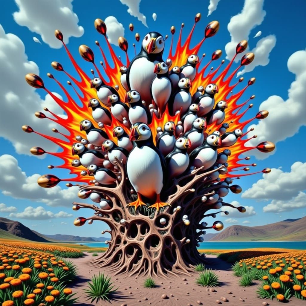 Psychedelic Puffins Bursting from Earth Globe