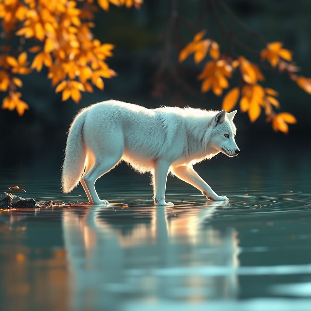Albino Timberwolf Basks in Warm Summer Lake Scene with Futur...