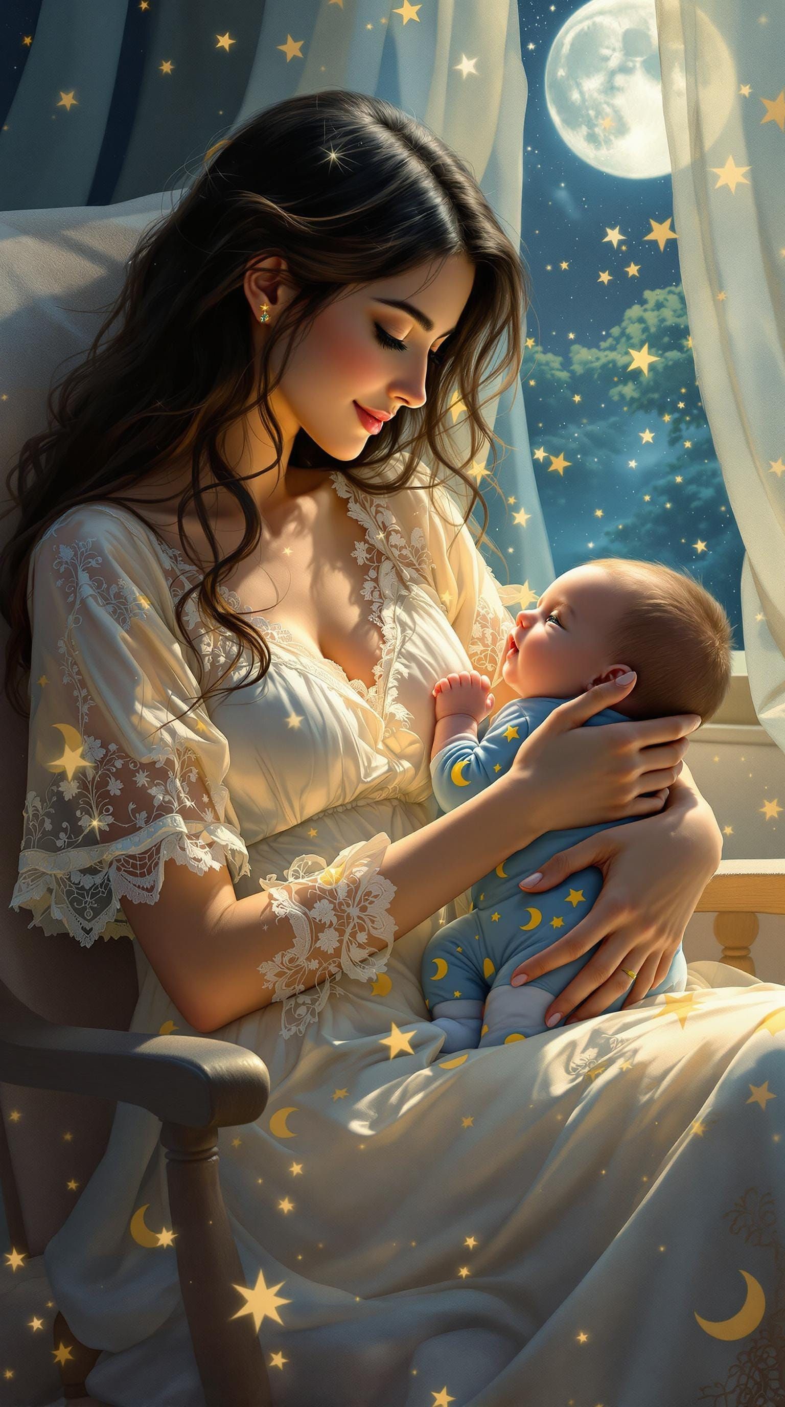 Mother's Serene Bond with Baby Boy in Lunar Light