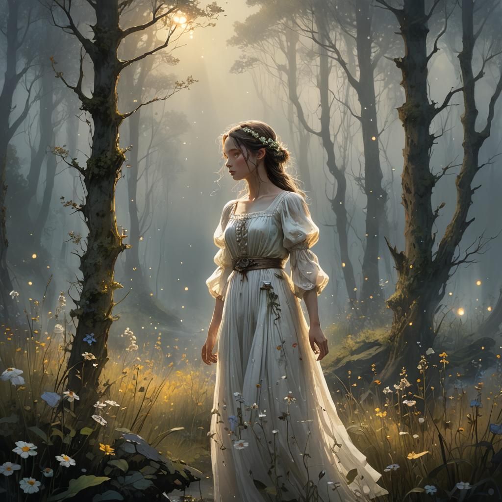 Ethereal Woman in Misty Forest, Soft Lighting, and Vibrant W...