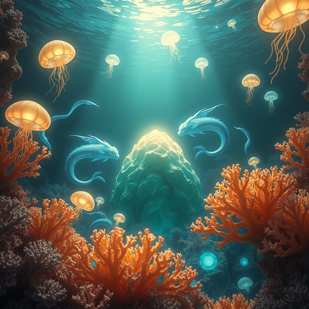 Vibrant Sea Realm with Radiant Ambergris and Ethereal Creatu...