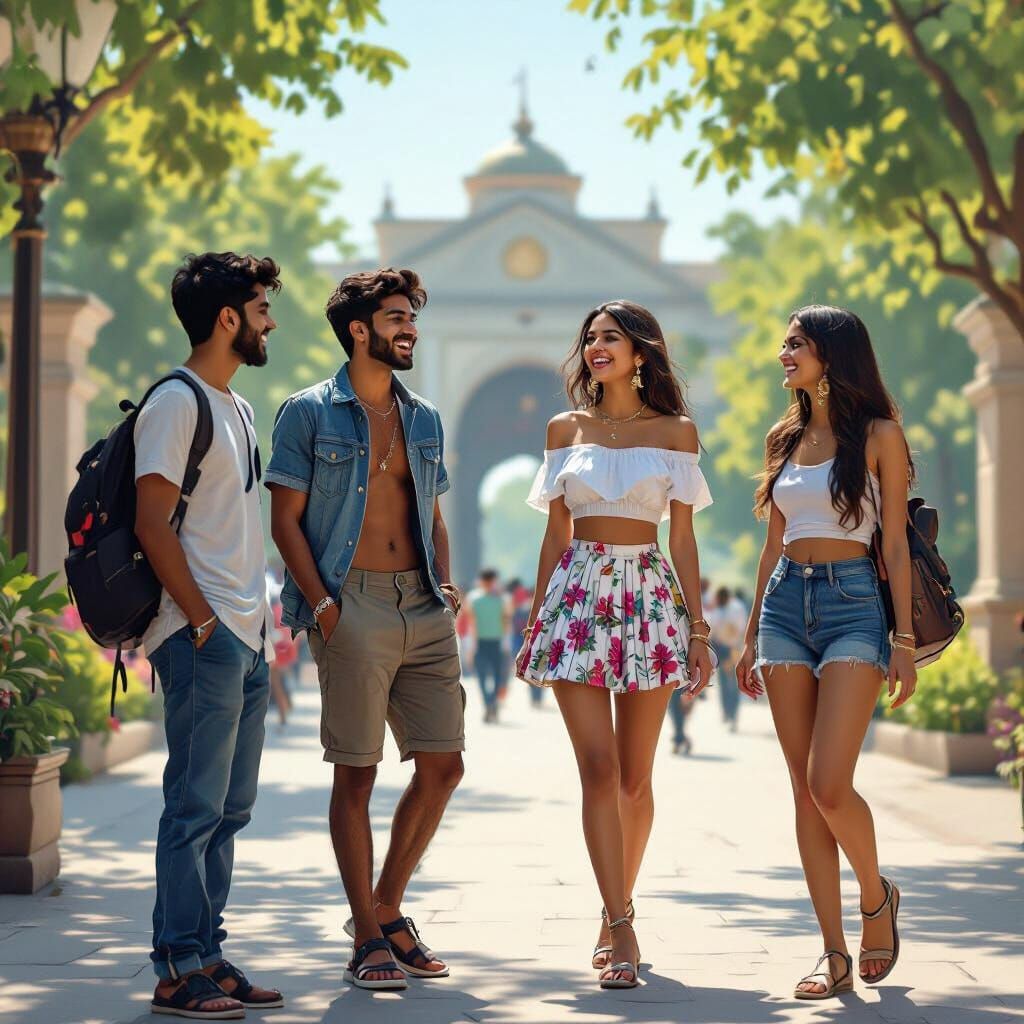 Fashionable Indian Students at University Campus Entrance