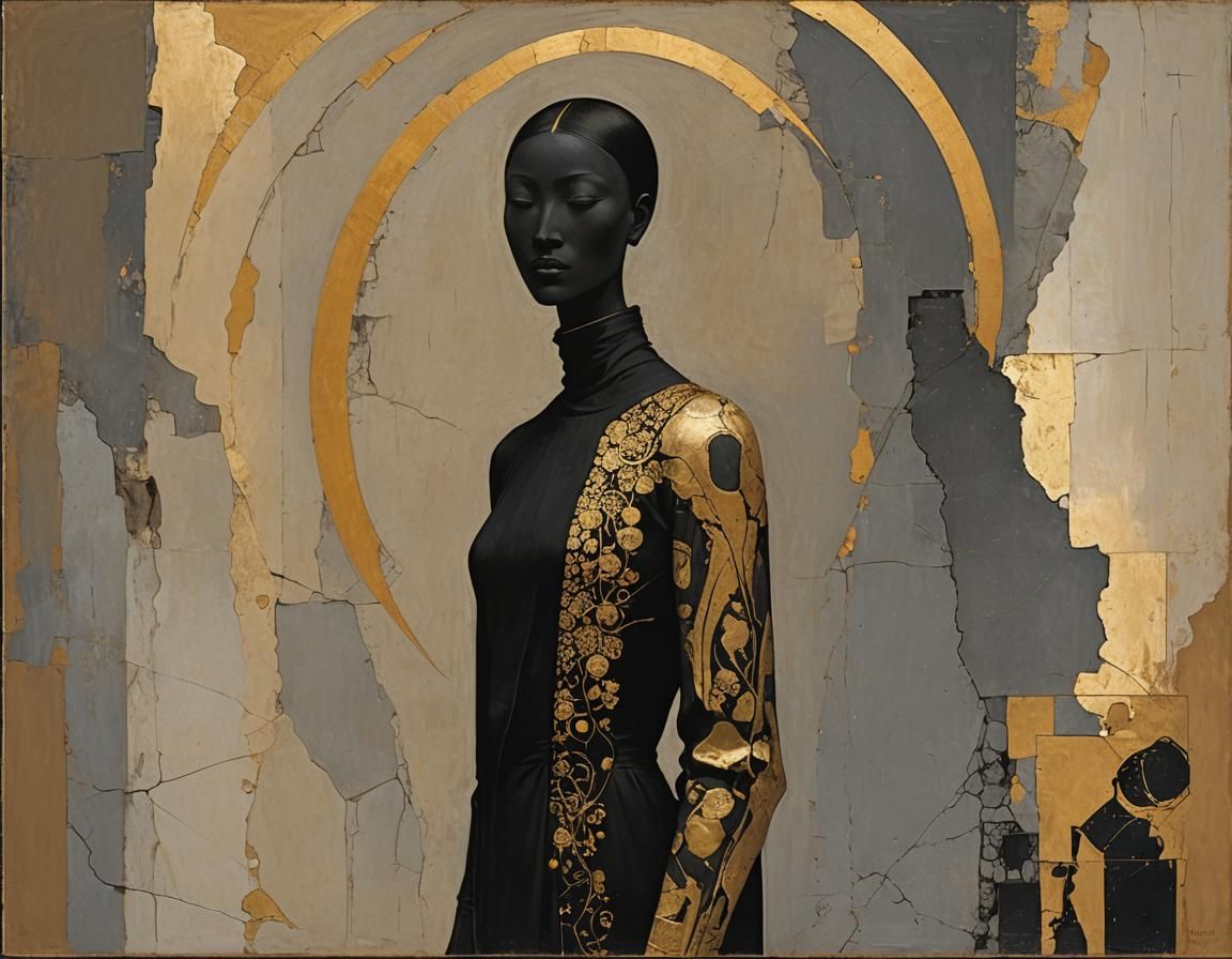 Matte Black Figure with Gold Kintsugi in Architectural Setti...