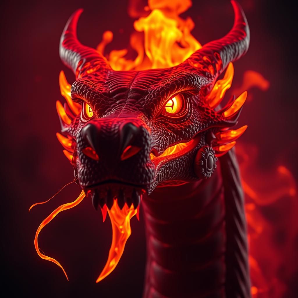 Fiery Dragon Face Close-Up with Bioluminescent Fireflies