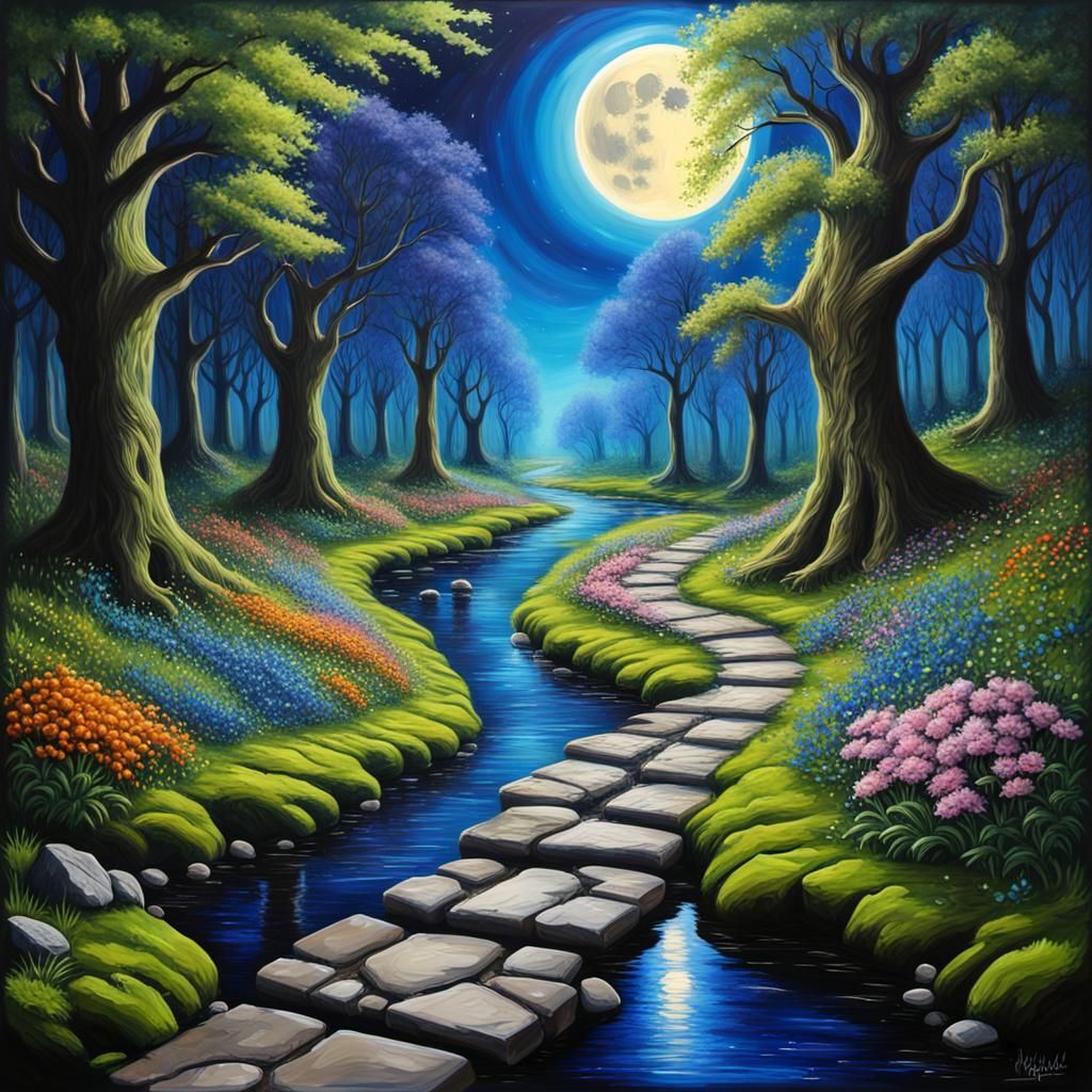 Ethereal Elven Path Under Full Moon in Hyperrealism