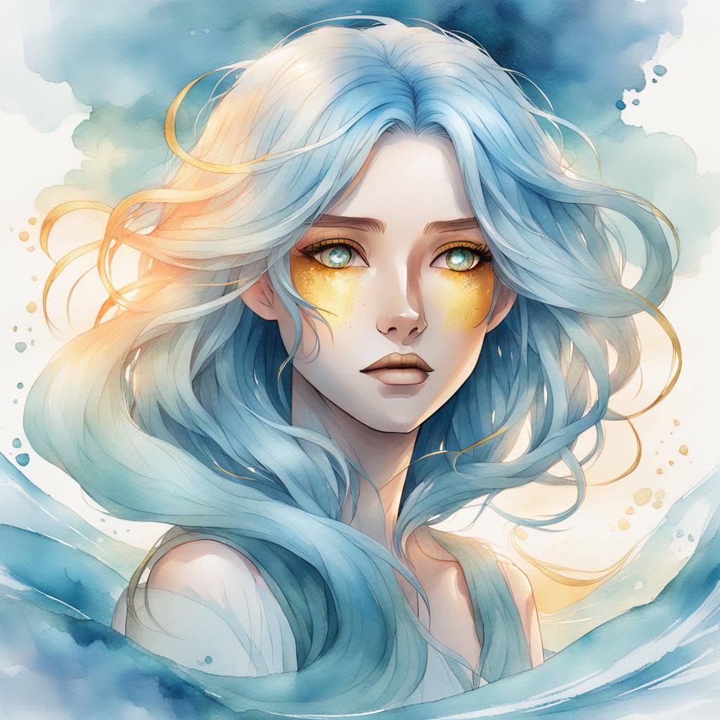 Anime Girl Portrait with Flowing Blue Hair