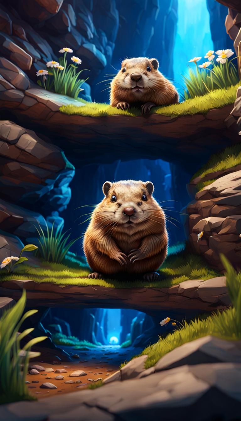 Chibi Groundhogs in Underground Burrow, Digital Art