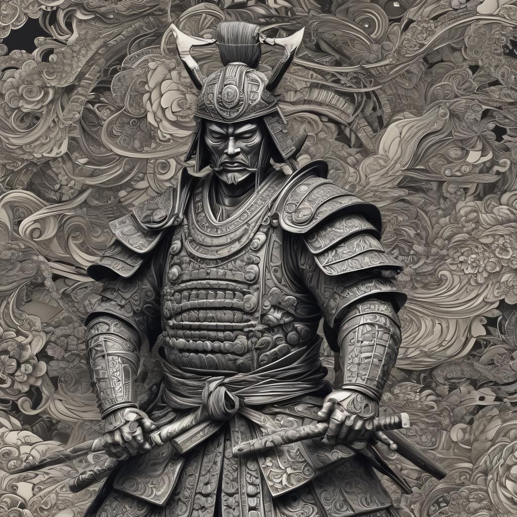 Samurai Statue with Abstract Vector Fractal Design