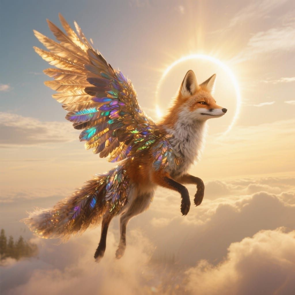 Mythical Feathered Fox Soaring in Ethereal Dawn Light