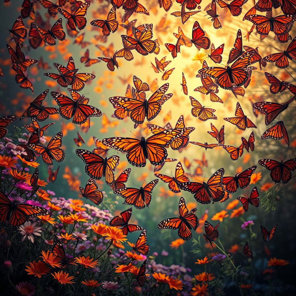 Monarch Butterfly Swarm in Dreamlike Fantasy Realm