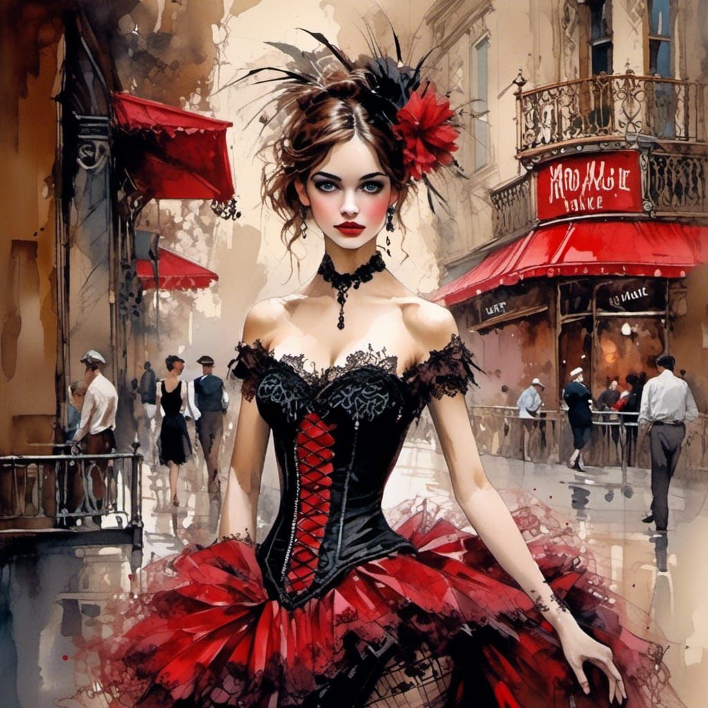Beautiful Moulin Rouge Dancer in Watercolor Style