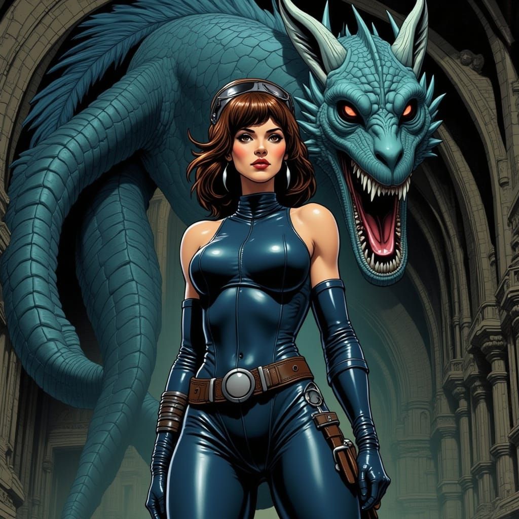 Woman and Dragon in Retrofuturist Dark Academia Cartoon
