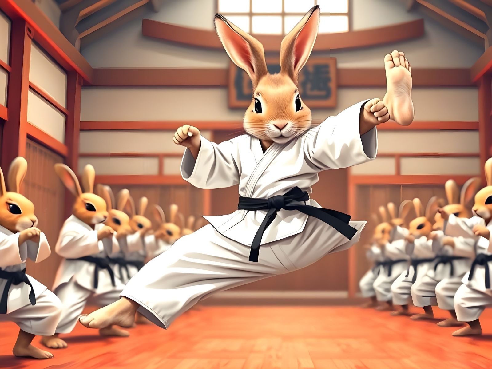 Adorable Rabbit Karate Master Demonstrates Advanced Kick