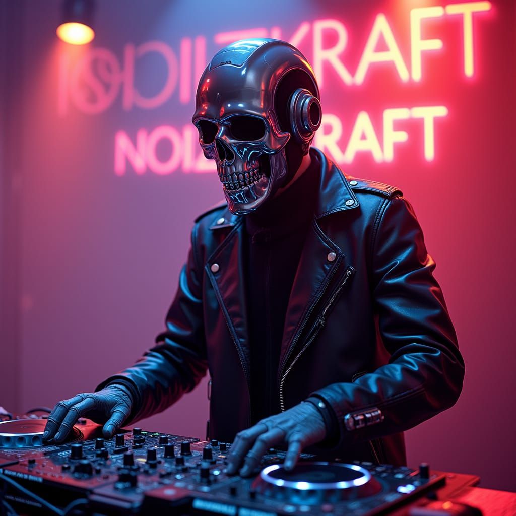 Futuristic DJ with Skull Helmet in Disco Setting