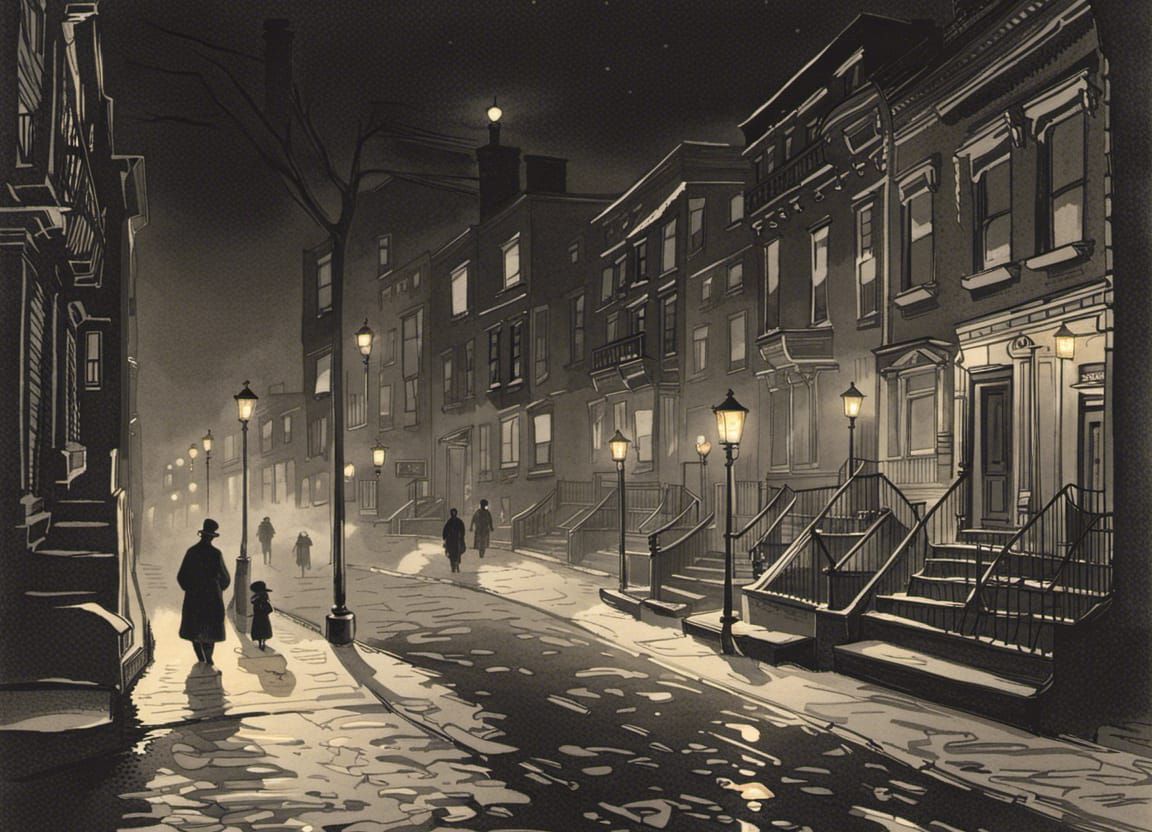 Brooklyn Street at Night: 1920s Illustration