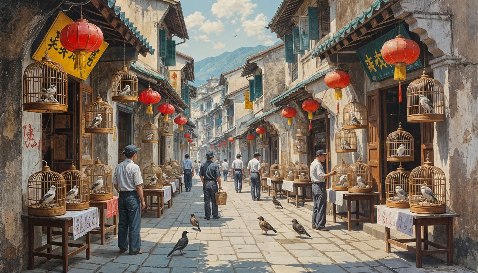 Hong Kong Street Scene with Bird Collectors in 1937