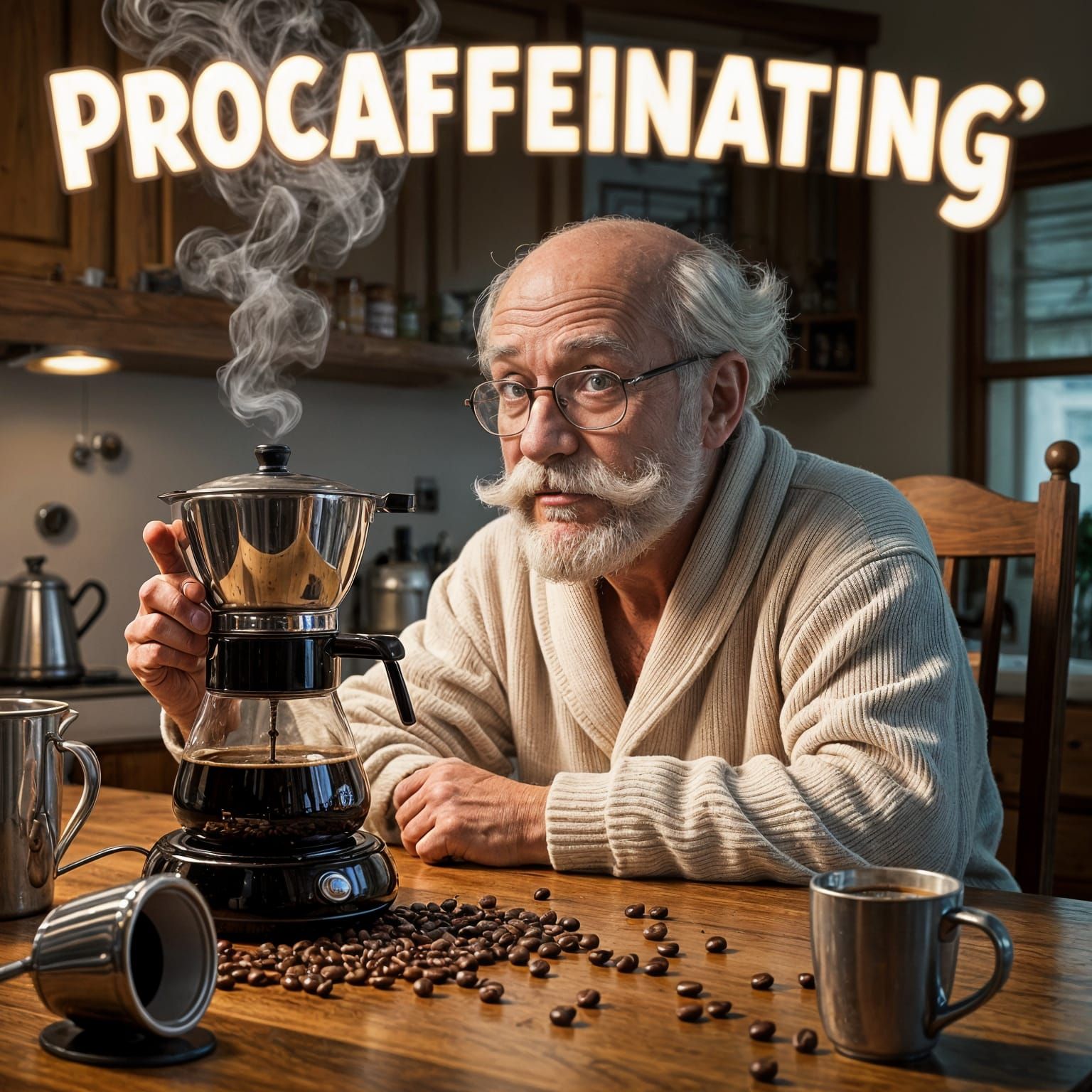 Humorous Old Man Watches Coffee Percolator Brew