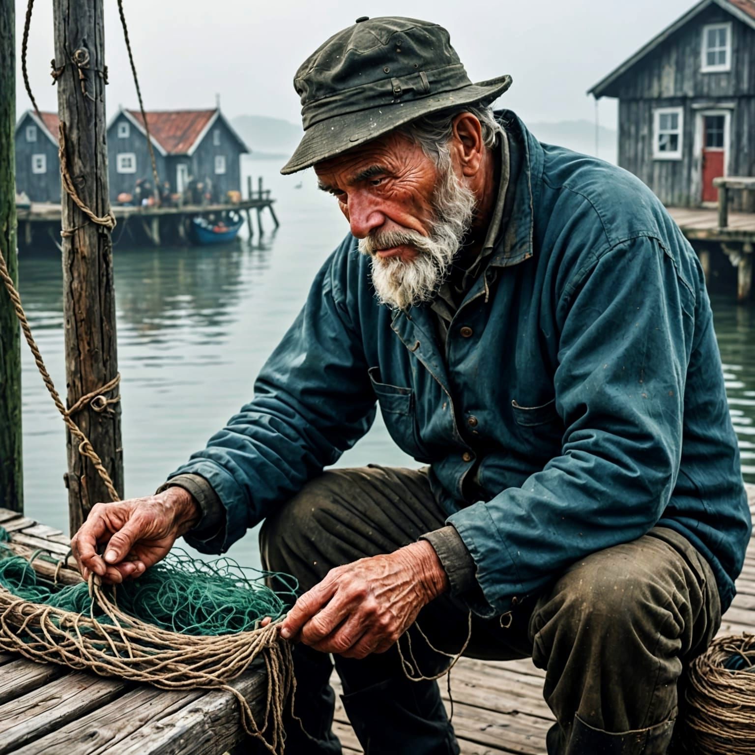 Old Fisherman Mending Net on Rustic Pier, Maritime Art