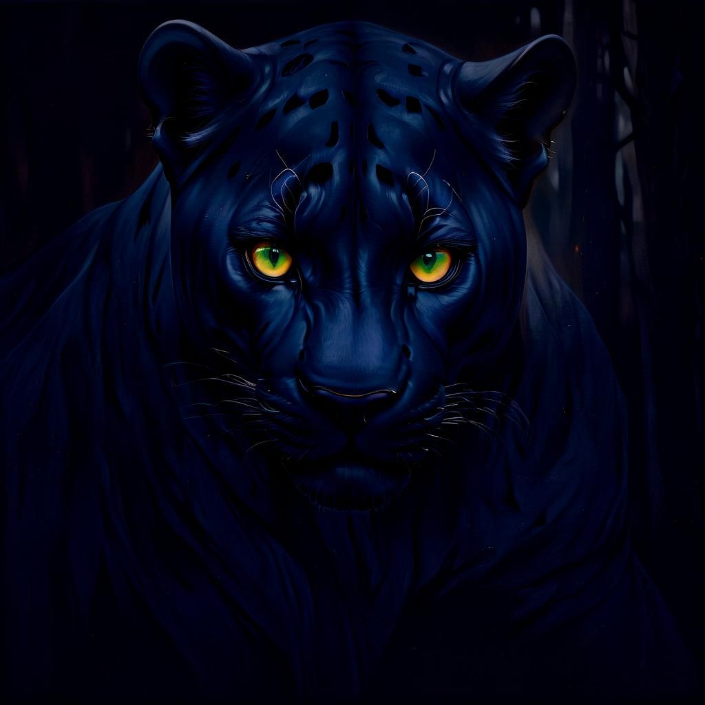 Panther Eyes in Dark Forest, Oil Painting