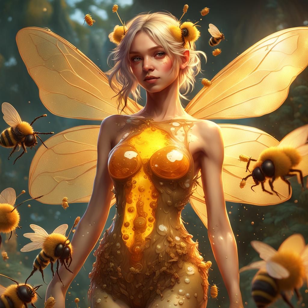 Honey-Covered Fairy with Bees, Hyperdetailed Digital Art