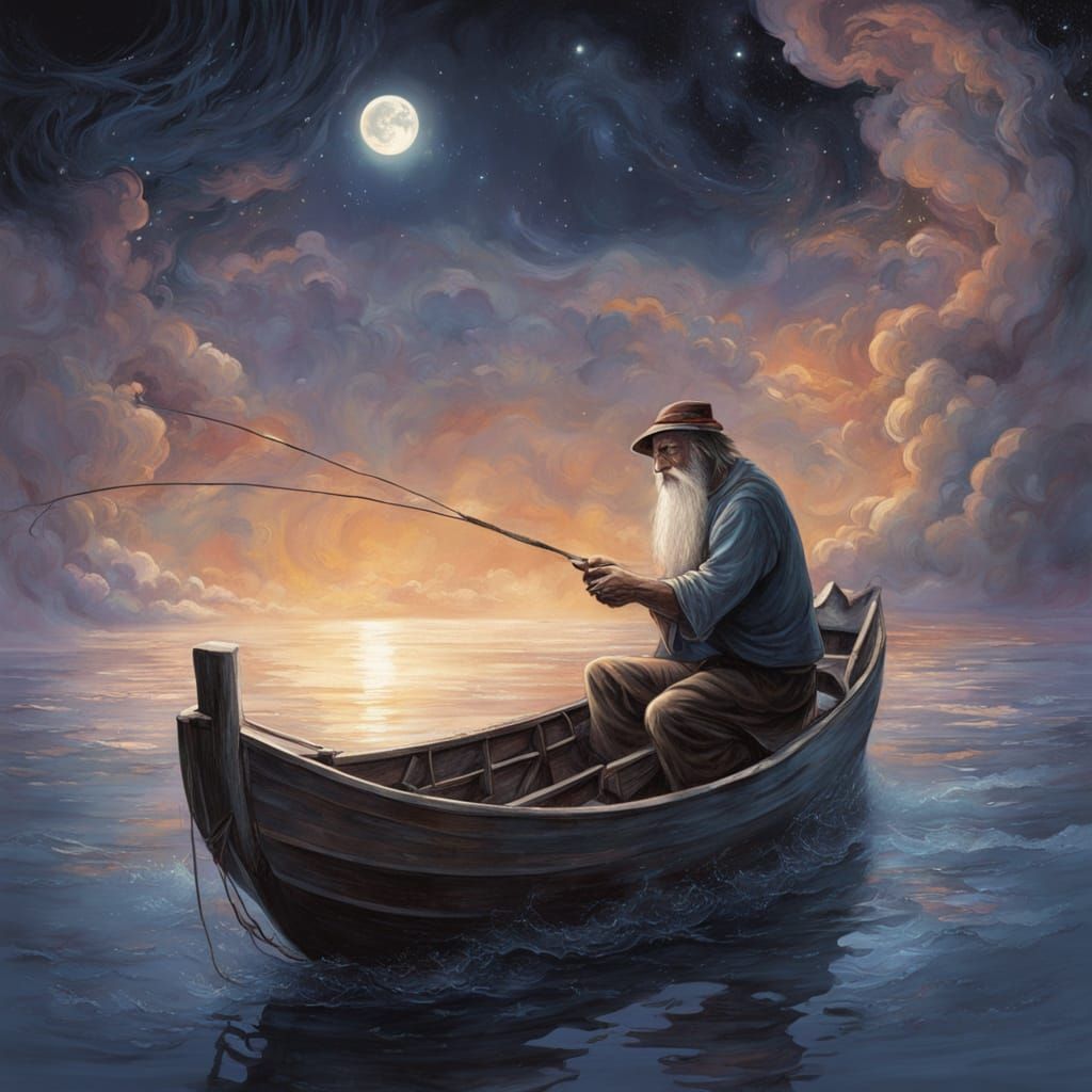 Mythic Fisherman Casting Line into Starlight Sea