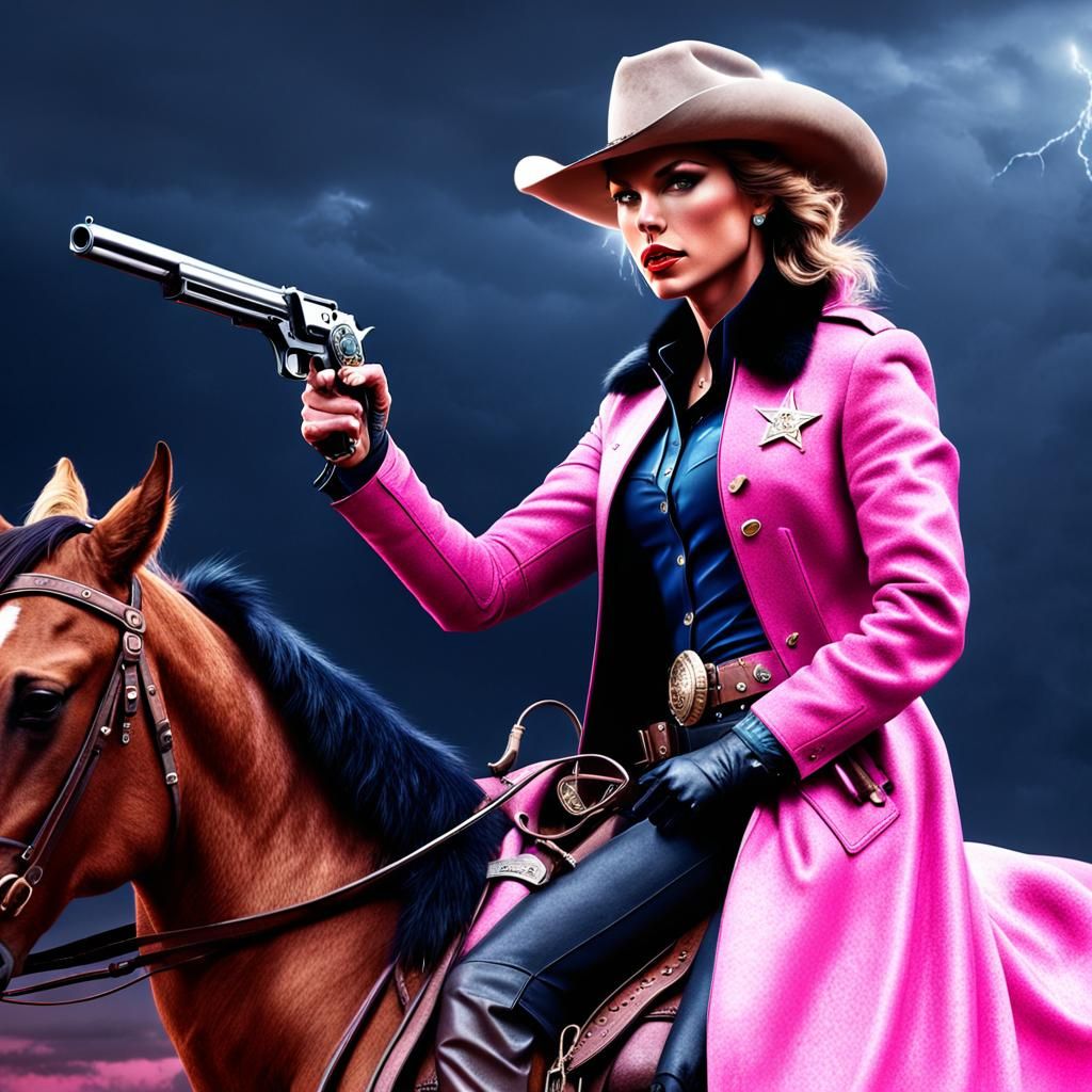 Cowgirl Sheriff on Horseback in Desert Scene