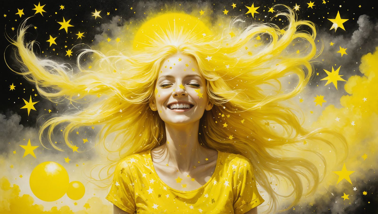 Joyful Yellow Star Woman Dancing in Galaxy Sky