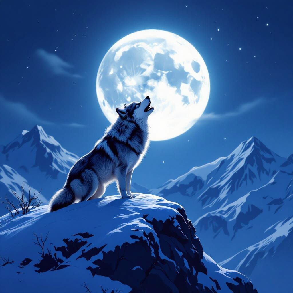 Majestic Wolf Howling at Moon on Snowy Peak