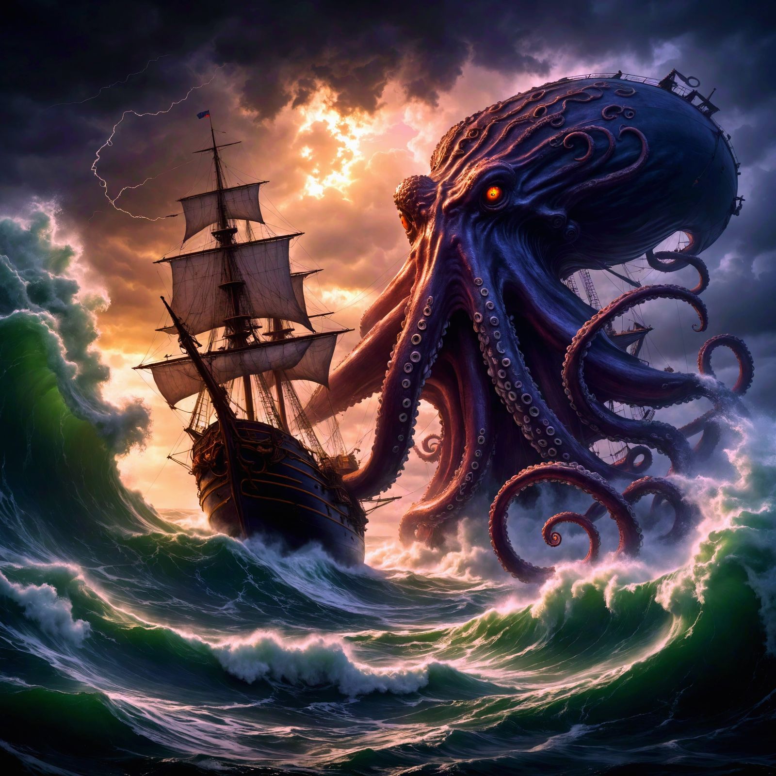 Gigantic Octopus Attacks Ship in Stormy Seas
