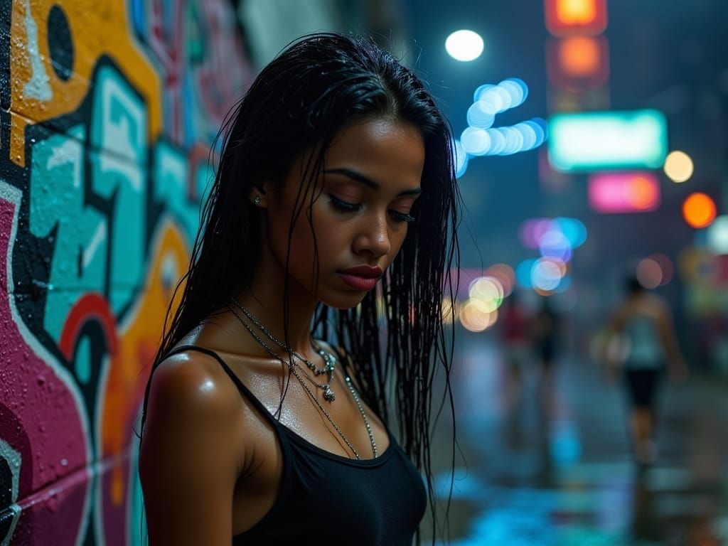 Woman in Rain by Graffiti Wall: Photorealistic Image