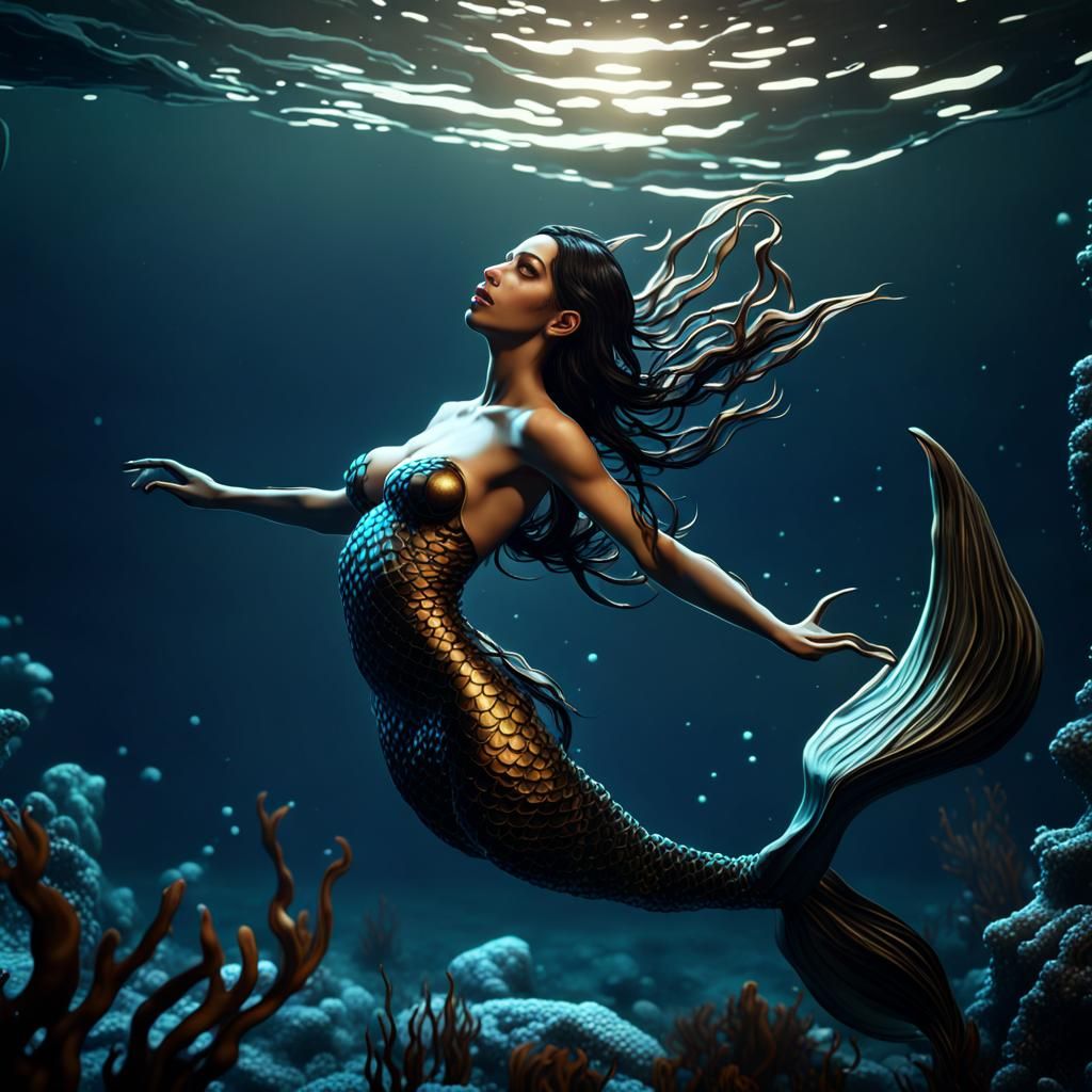 Undead Mermaid Swimming at Night: Fantasy Art