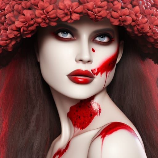 Creepy Girl with Bloody Eyes and Red Roses