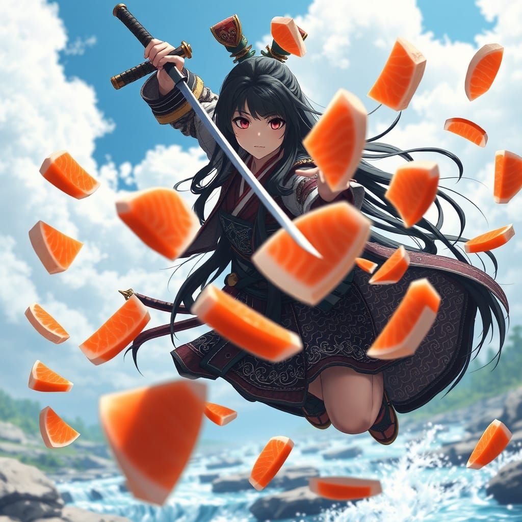 Fierce Samurai Girl Slicing Salmon: Anime Art