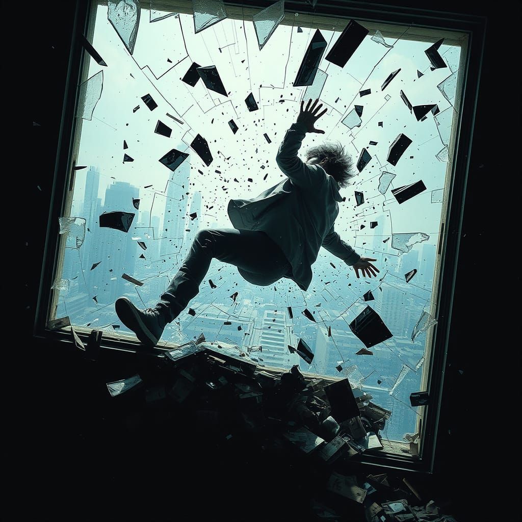 Person Falling Through Window in Cyberpunk Dystopia