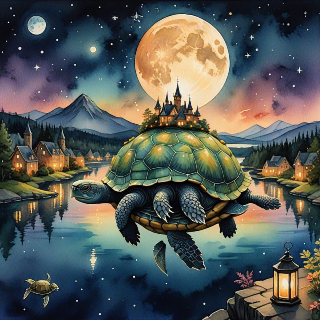 City on Turtle's Back: Whimsical Watercolor Fantasy Art