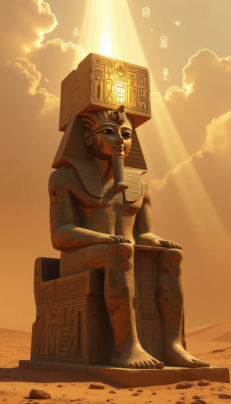 Ancient Pharaoh Statue with Glowing Cube Head