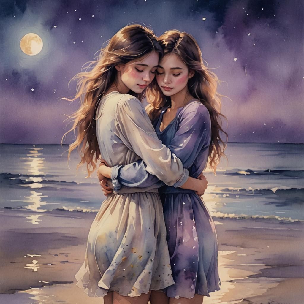 Romantic Moonlit Beach Portrait in Watercolor Style