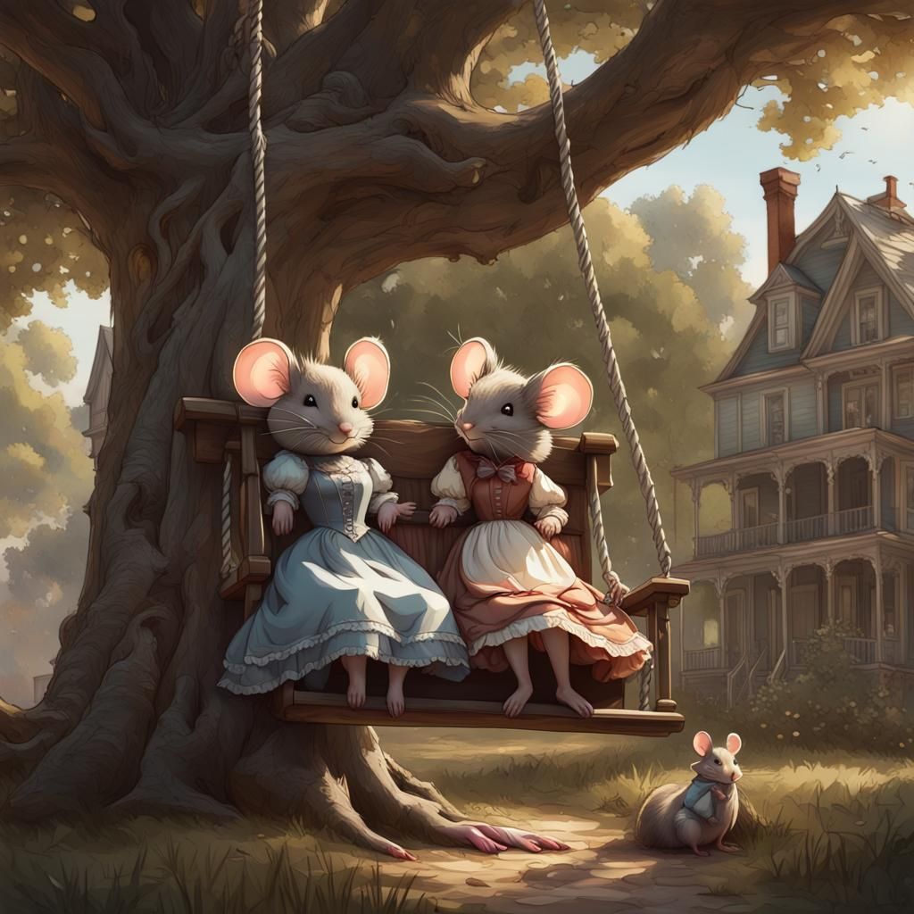 Victorian Home with Mice on a Swing, Detailed Art