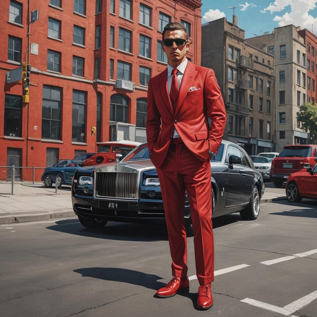 Gangster in Red Suit Beside Rolls Royce