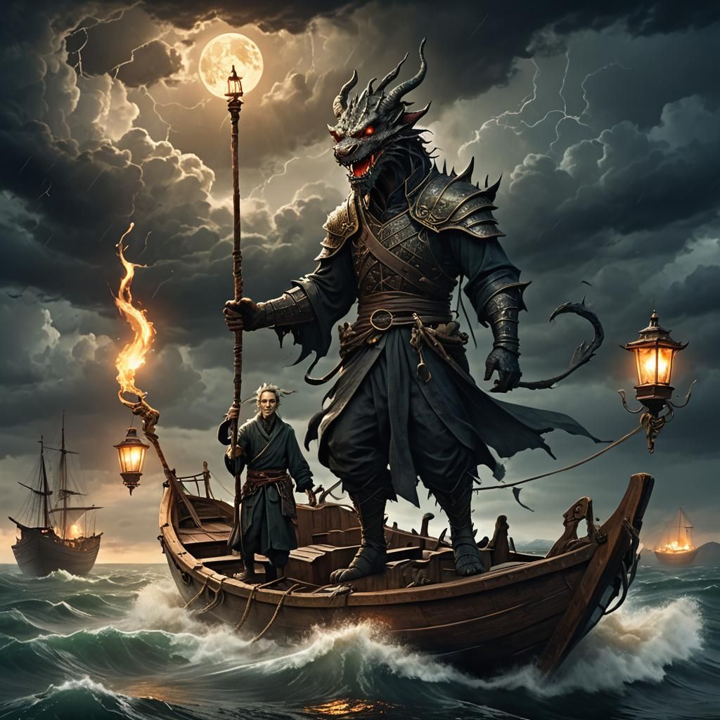 Lazarus Sailing Stormy Sea with Dragon Companion