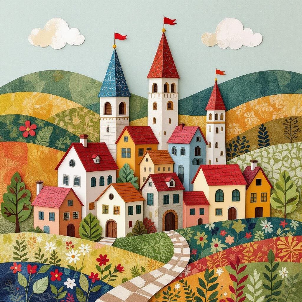 Paper Collage Village with Earthy Tones