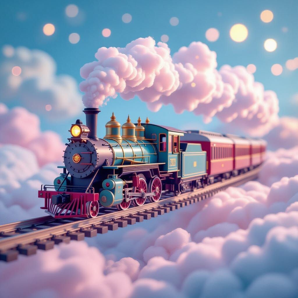 Pastel Toy Train Rides Glowing Tracks Through Dreamy Clouds