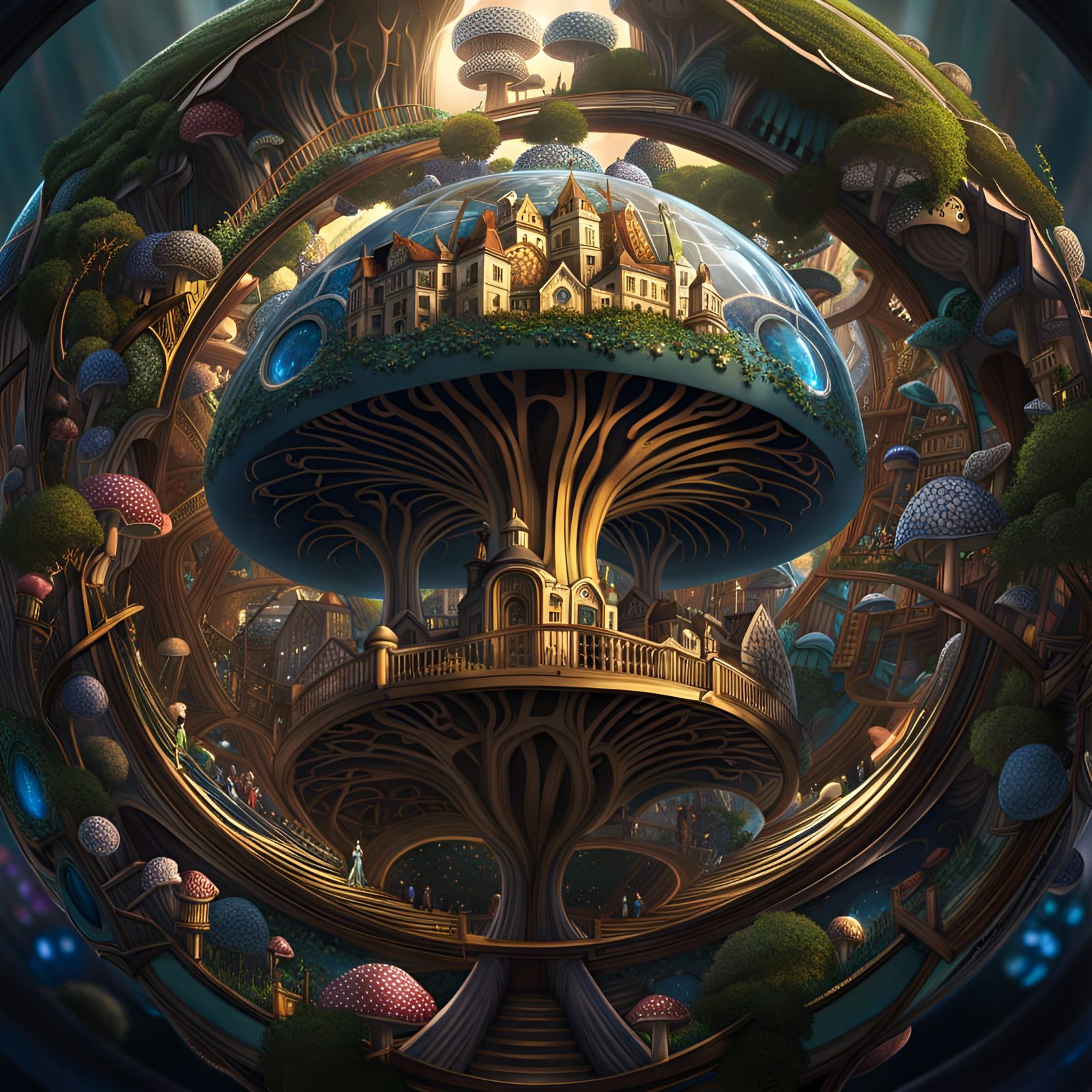 Intricate Mushroom City in Glass Sphere