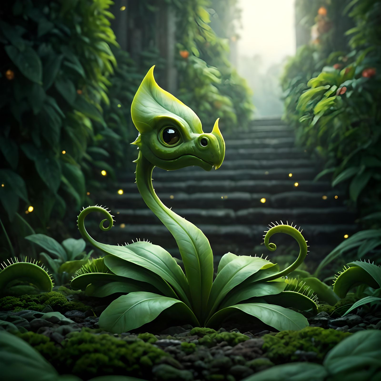 Dragon-Shaped Carnivorous Plant in Starry Garden