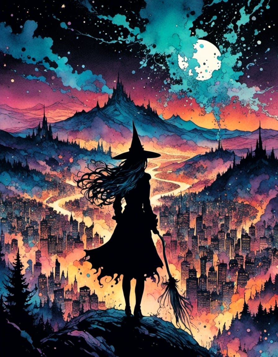Inkpunk Witch Silhouette Overlooking City Fireworks