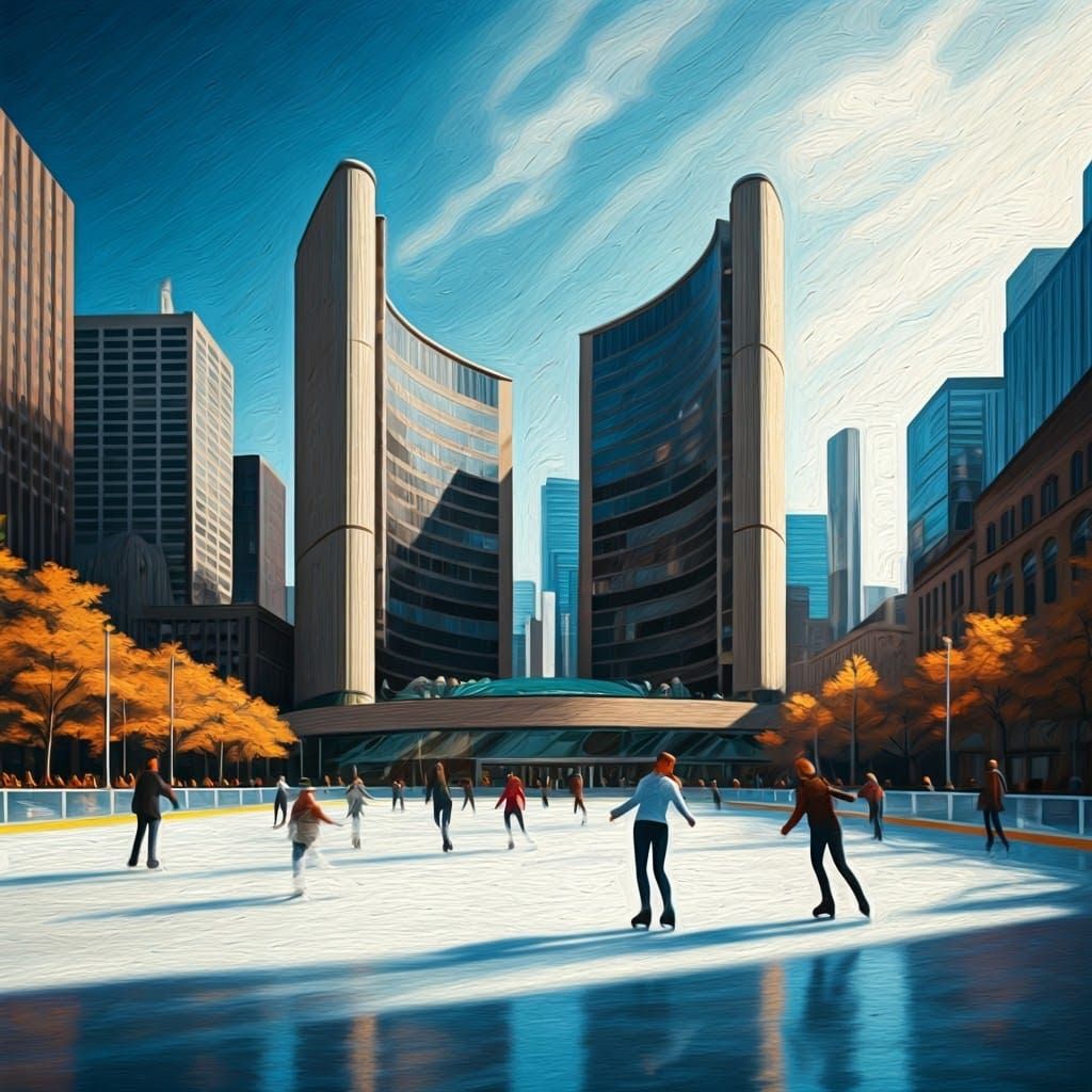 Figure Skaters at City Hall Toronto in Naive Impressionist S...