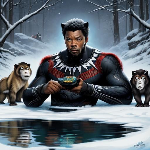 Black Panther Relaxing in Hot Spring: Comic Book Art