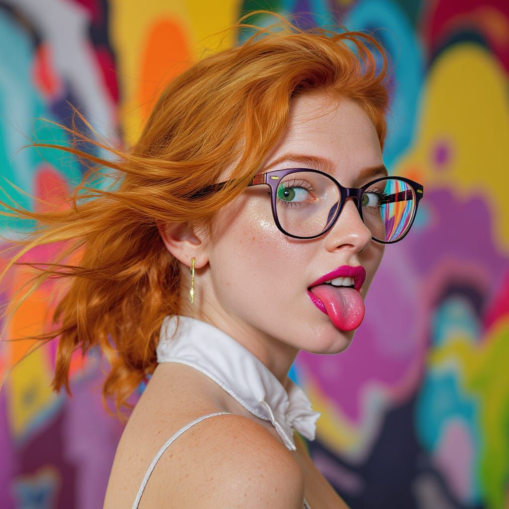 Redhead Woman with Glasses Smiling, Hair in Wind