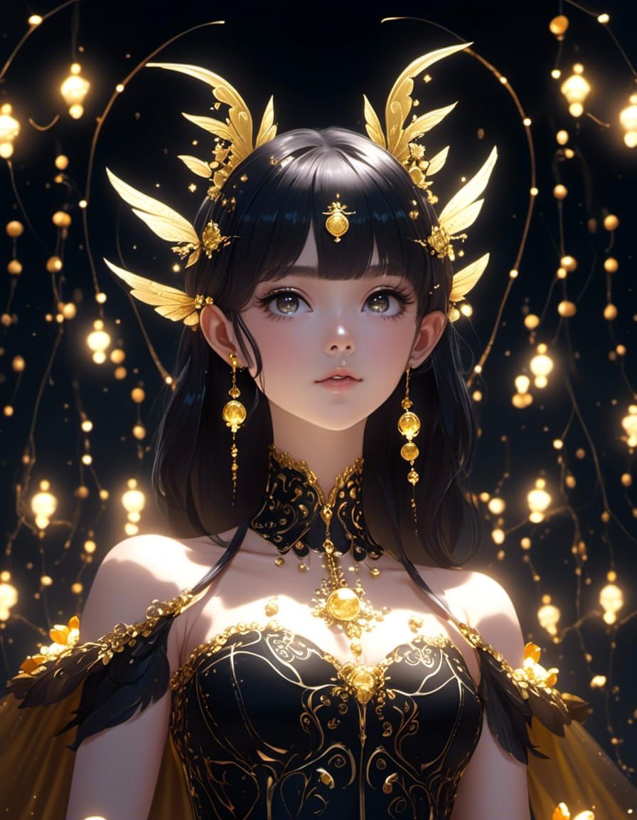 Twinkling Dark Fairy Portrait in Gold and Black