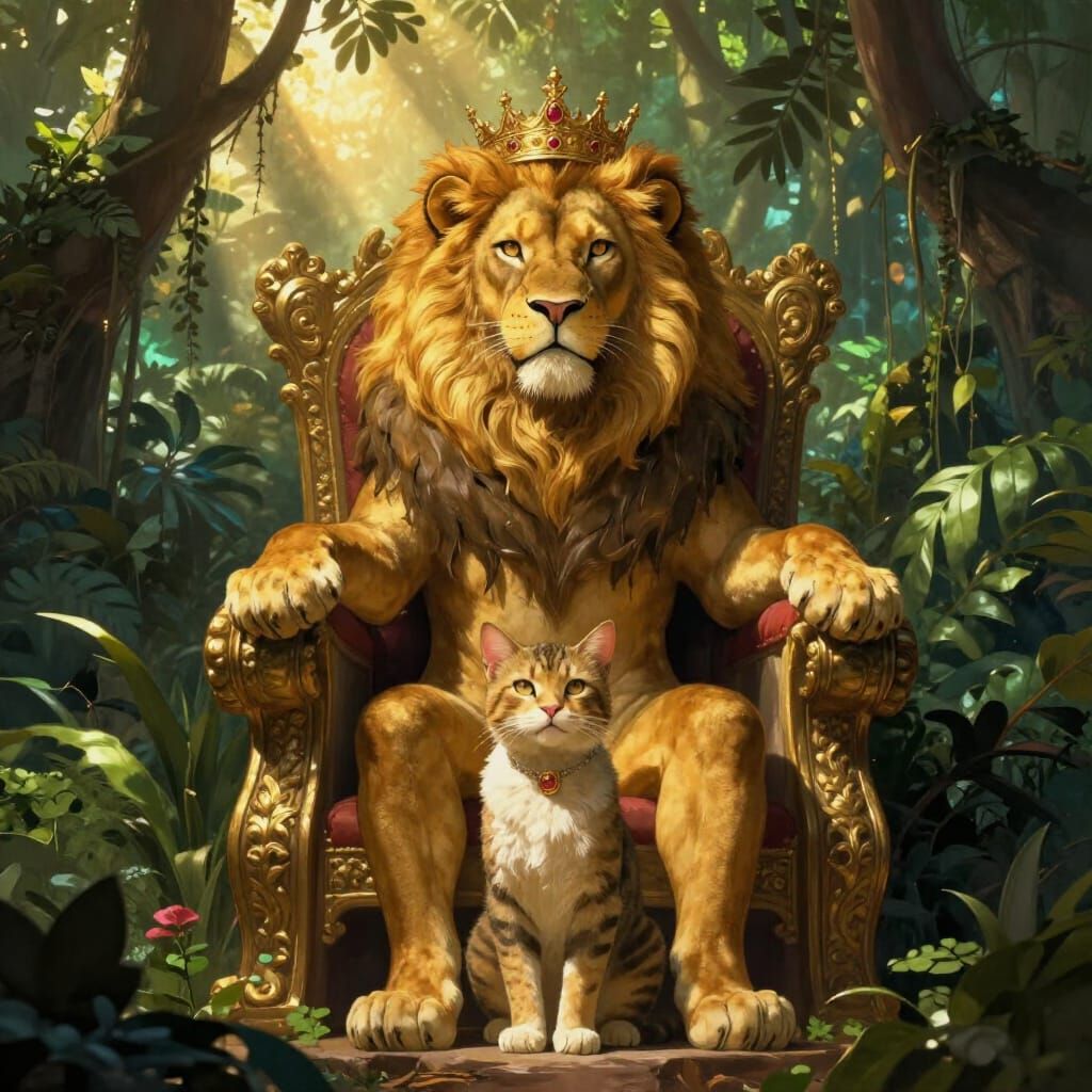 Regal Cat-Lion Hybrid on Throne in Jungle
